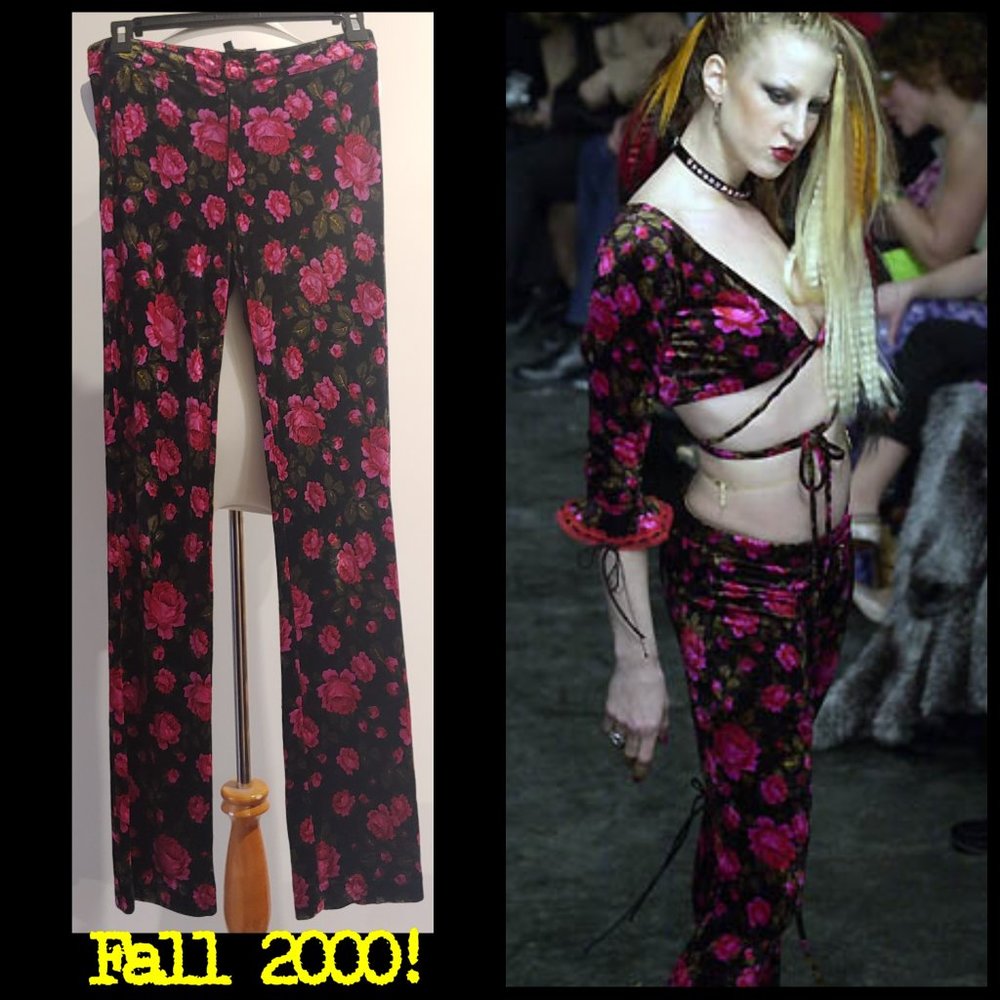 Fall 2000 Betsey Johnson Rare Panne Velvet Pink Roses M Vintage Pants